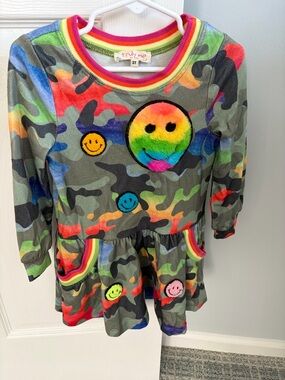 Truly Me Rainbow Camo Smiley Dress with Fuzzy Rainbow Appliqué